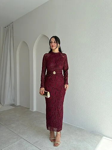  CAPRİO Simli Midi Elbise 4127 - Bordo 
