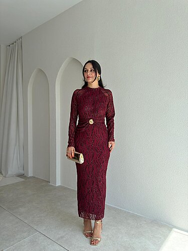  CAPRİO Simli Midi Elbise 4127 - Bordo - 1