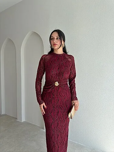  CAPRİO Simli Midi Elbise 4127 - Bordo - 2