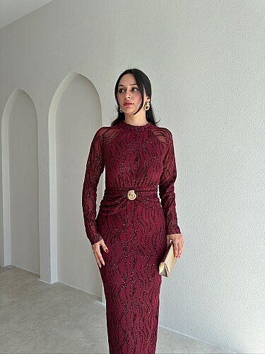  CAPRİO Simli Midi Elbise 4127 - Bordo - 2