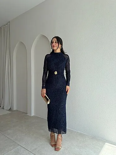 CAPRİO Simli Midi Elbise 4127 - Lacivert 