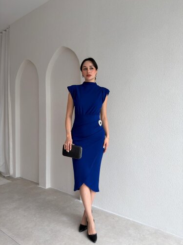 CASSİE Broşlu Midi Elbise 8400 Saks Mavisi