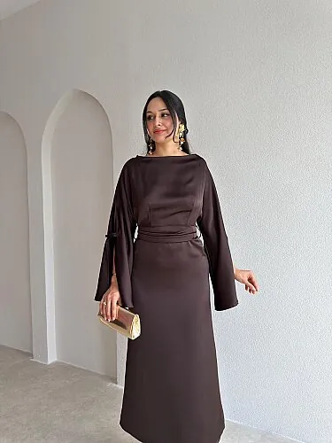 CASTRO Saten Kuşaklı Midi Elbise 4220 - Acı Kahve - 2