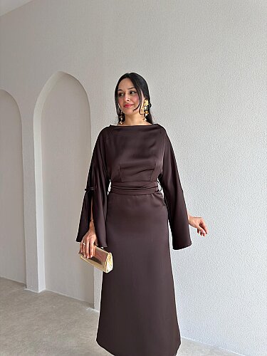 CASTRO Saten Kuşaklı Midi Elbise 4220 - Acı Kahve - 2