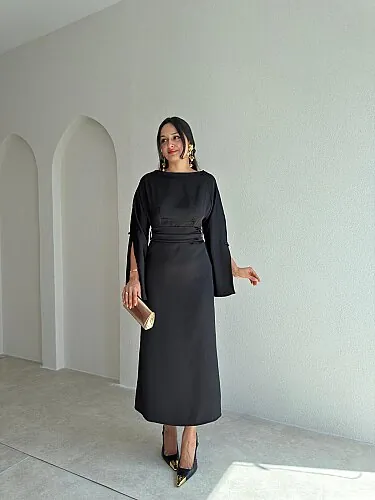 CASTRO Saten Kuşaklı Midi Elbise 4220 - Siyah - 1