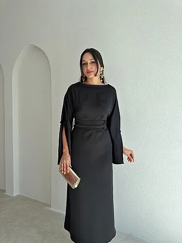 CASTRO Saten Kuşaklı Midi Elbise 4220 - Siyah - 2