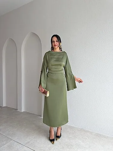 CASTRO Saten Kuşaklı Midi Elbise 4220 - Yağ Yeşili - 2