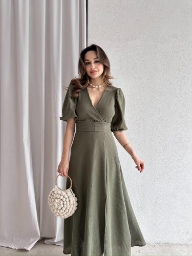 Müslin Kumaş CHESTER Midi Elbise 4558 - Haki 