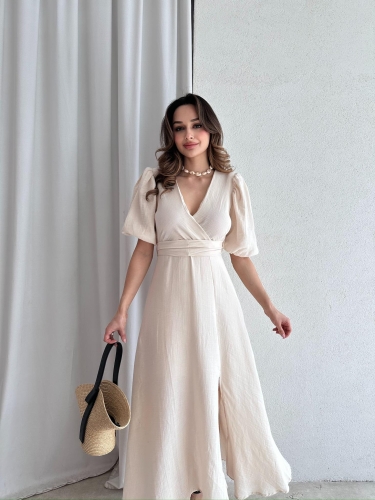 Müslin Kumaş CHESTER Midi Elbise 4558 - Krem 