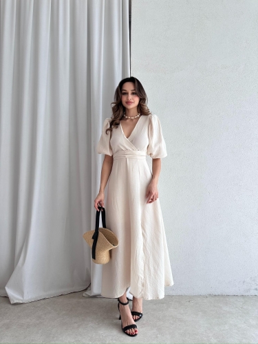 Müslin Kumaş CHESTER Midi Elbise 4558 - Krem - 2