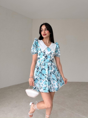 Çiçek Desenli Mini JULİKA Elbise 2044 - Mavi