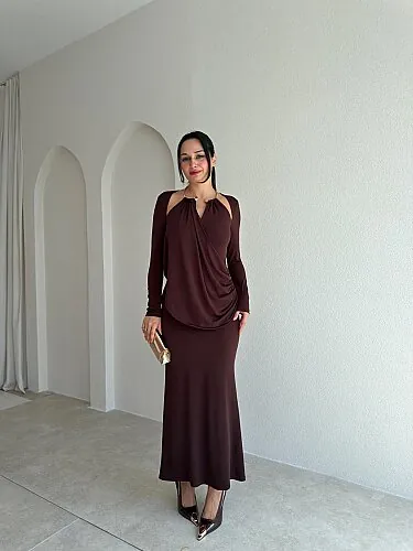 DAHLİA Detaylı Maxi Elbise 5705 - Acı Kahve - Mooi Butik