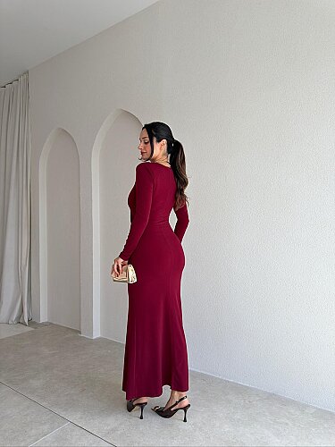 DAHLİA Detaylı Maxi Elbise 5705 - Bordo - 3