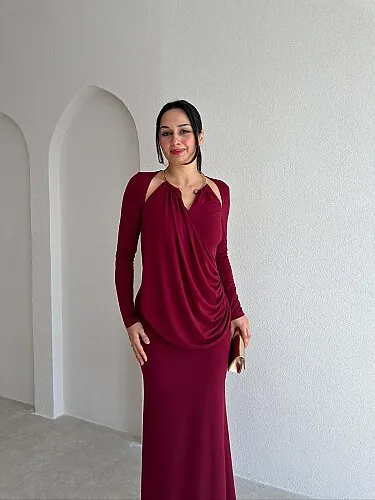 DAHLİA Detaylı Maxi Elbise 5705 - Bordo - 2