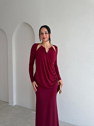 DAHLİA Detaylı Maxi Elbise 5705 - Bordo - 2