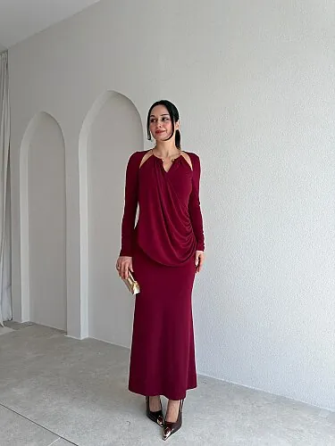 DAHLİA Detaylı Maxi Elbise 5705 - Bordo - Mooi Butik
