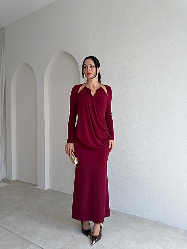 DAHLİA Detaylı Maxi Elbise 5705 - Bordo - 1