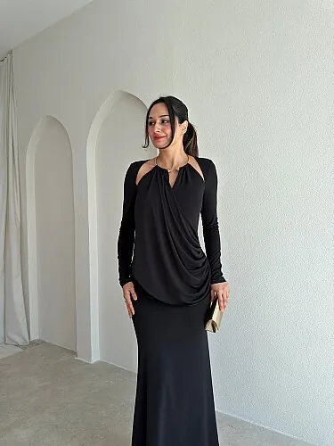 DAHLİA Detaylı Maxi Elbise 5705 - Siyah - 2