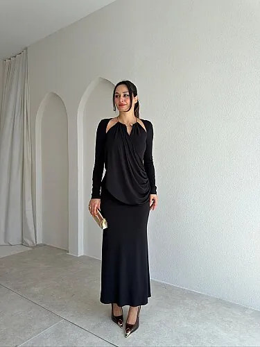 DAHLİA Detaylı Maxi Elbise 5705 - Siyah - Mooi Butik