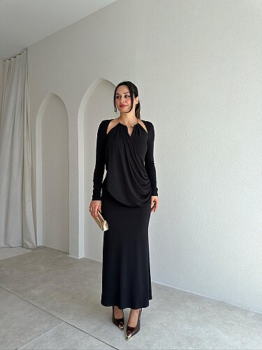 DAHLİA Detaylı Maxi Elbise 5705 - Siyah - 1