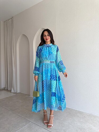 DAMİAN Desenli Midi Elbise 4400 - Mavi - 1