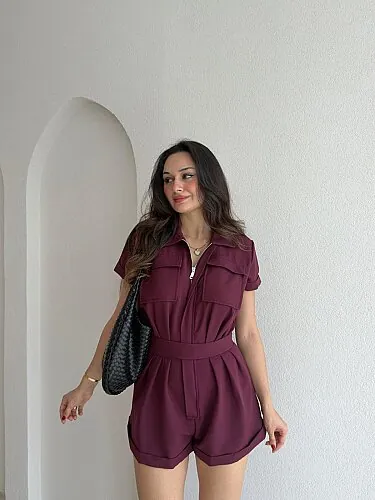 DANERYS Şortlu Tulum 4083 - Mürdüm - Mooi Butik