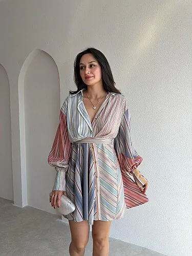 DANİSH Çizgili Mini Elbise 4137 - Bej - Mooi Butik