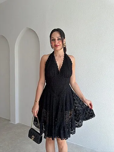 DARVEL Dantelli Mini Elbise 4069 - Siyah - Mooi Butik