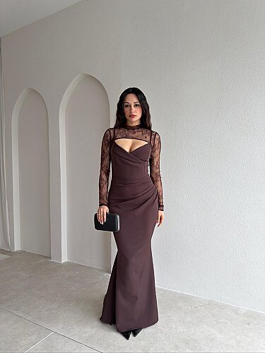 DESTİNA Dantel Parçalı Maxi Elbise 7532 - Acı Kahve - 1