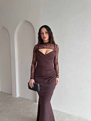 DESTİNA Dantel Parçalı Maxi Elbise 7532 - Acı Kahve - 2