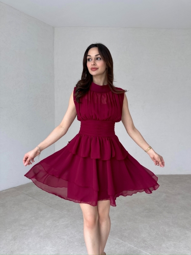 Dik Yaka Sıfır Kol Messina Elbise 2292 - Bordo 