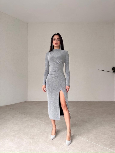 Dik Yakalı Midi DOMENİCO Elbise 3783 - Gri 