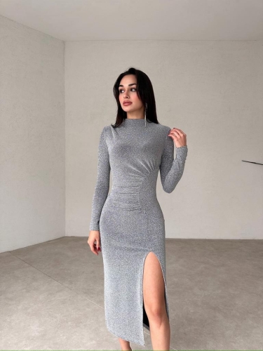 Dik Yakalı Midi DOMENİCO Elbise 3783 - Gri - 2