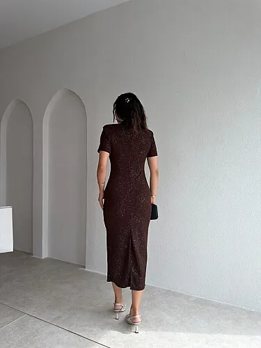 DOLY Yaka Detaylı Simli Midi Elbise 4345 - Acı Kahve - 3