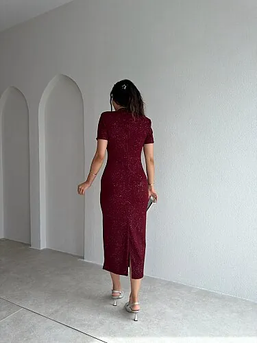 DOLY Yaka Detaylı Simli Midi Elbise 4345 - Bordo - 3