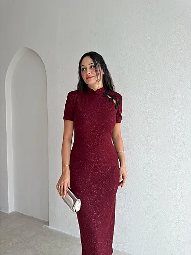 DOLY Yaka Detaylı Simli Midi Elbise 4345 - Bordo - 1