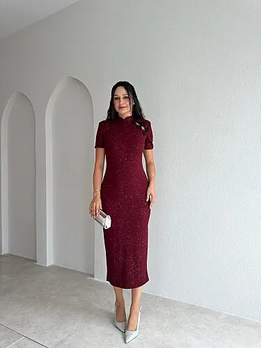 DOLY Yaka Detaylı Simli Midi Elbise 4345 - Bordo - 2