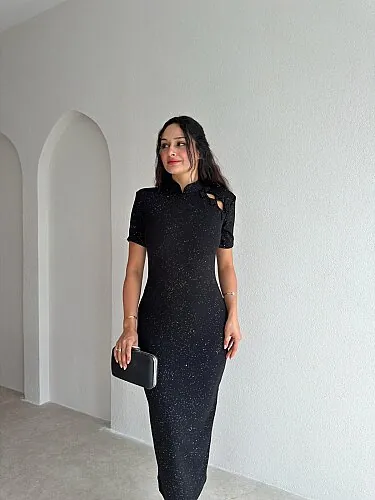 DOLY Yaka Detaylı Simli Midi Elbise 4345 - Siyah - Mooi Butik