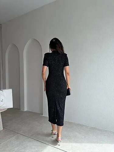 DOLY Yaka Detaylı Simli Midi Elbise 4345 - Siyah - 2
