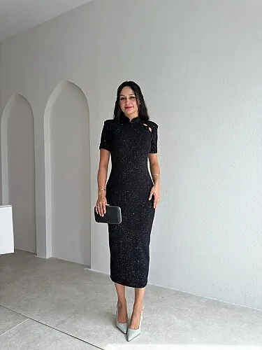 DOLY Yaka Detaylı Simli Midi Elbise 4345 - Siyah - 3