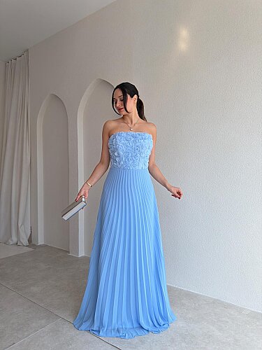 DRAMA Gül Detaylı Maxi Elbise 4071 - Bebe Mavisi - 1