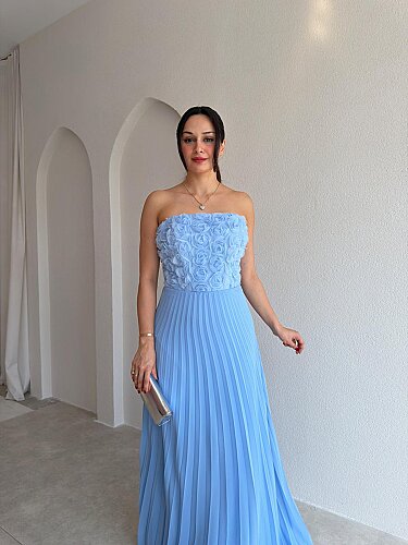DRAMA Gül Detaylı Maxi Elbise 4071 - Bebe Mavisi - 2