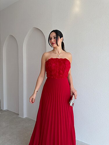 DRAMA Gül Detaylı Maxi Elbise 4071 - Kırmızı - 2