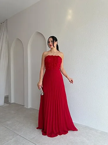 DRAMA Gül Detaylı Maxi Elbise 4071 - Kırmızı - Mooi Butik