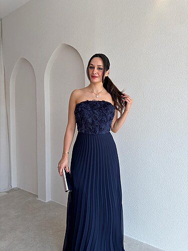 DRAMA Gül Detaylı Maxi Elbise 4071 - Lacivert - 2
