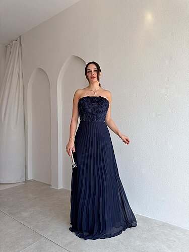 DRAMA Gül Detaylı Maxi Elbise 4071 - Lacivert - Mooi Butik