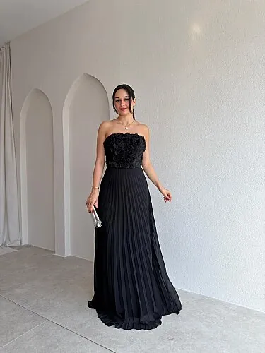  DRAMA Gül Detaylı Maxi Elbise 4071 - Siyah - Mooi Butik