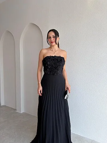  DRAMA Gül Detaylı Maxi Elbise 4071 - Siyah - 2