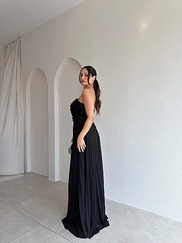  DRAMA Gül Detaylı Maxi Elbise 4071 - Siyah - 3