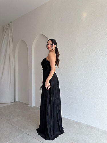  DRAMA Gül Detaylı Maxi Elbise 4071 - Siyah - 3